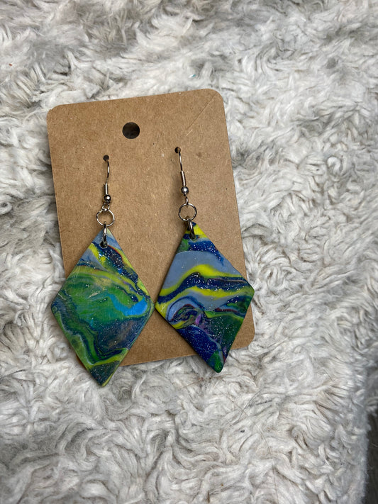 Yellow Green Blue Silver Swirl Diamond Shaped Dangling Earrings