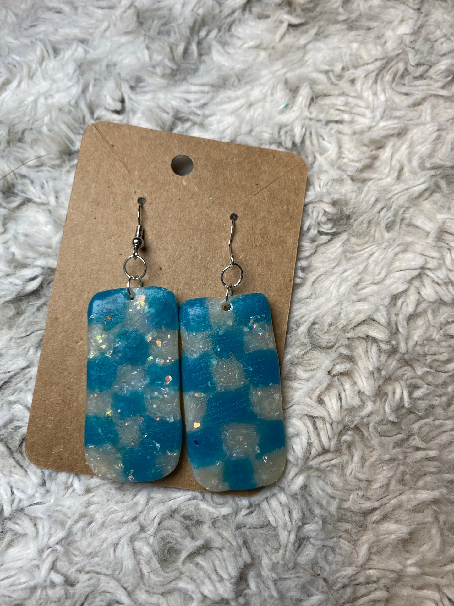 Checkered White Blue Sparkle Rectangle Dangling Earrings