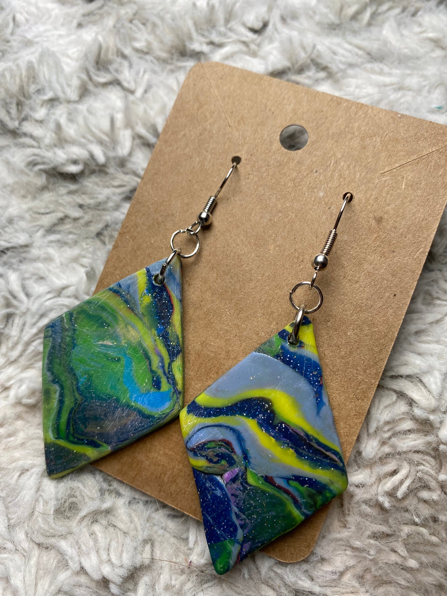 Yellow Green Blue Silver Swirl Diamond Shaped Dangling Earrings