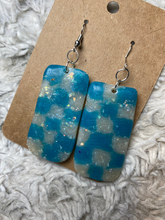 Checkered White Blue Sparkle Rectangle Dangling Earrings