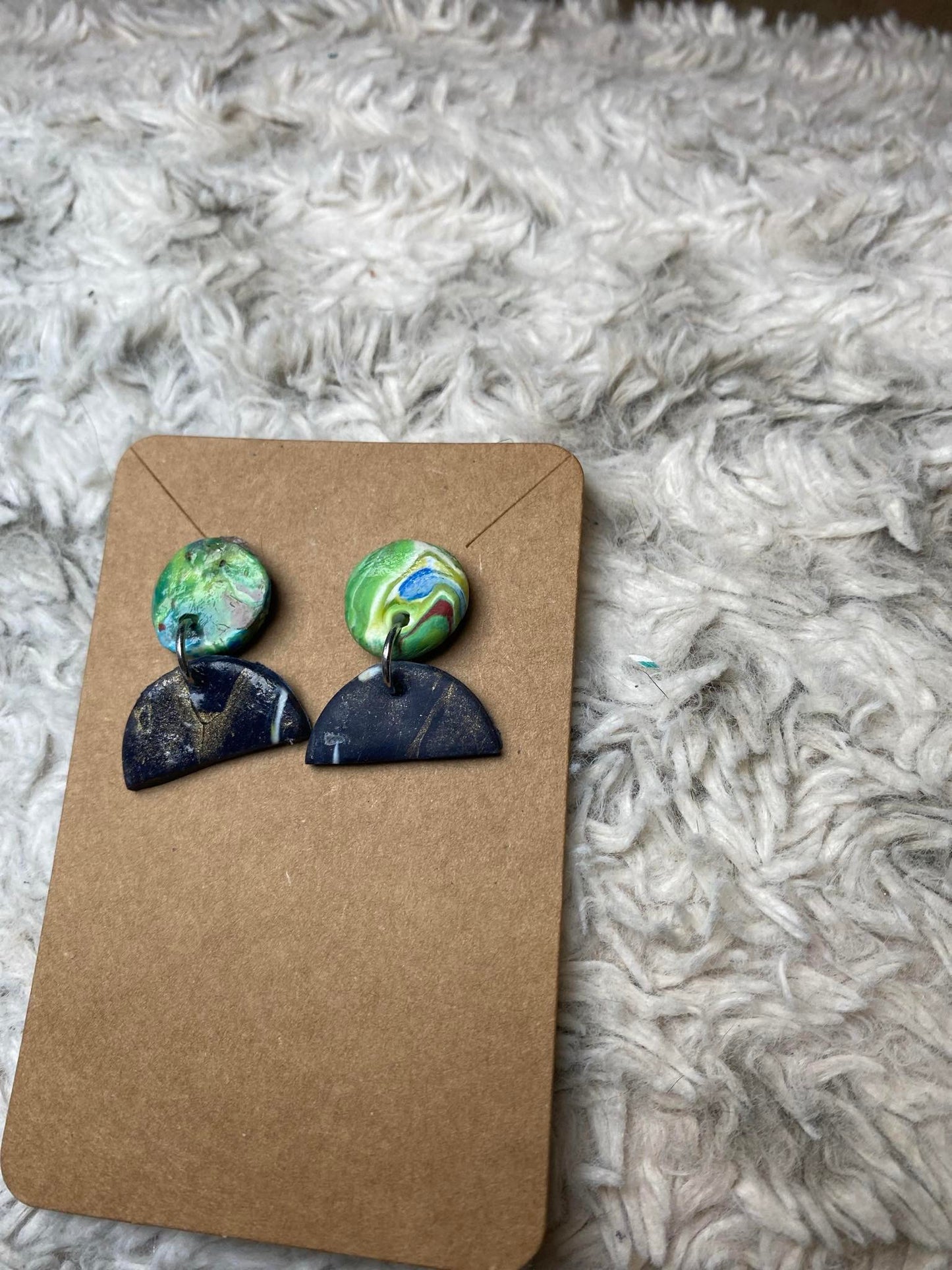 Green White Circle with Black Marble Half-Circle Earrings