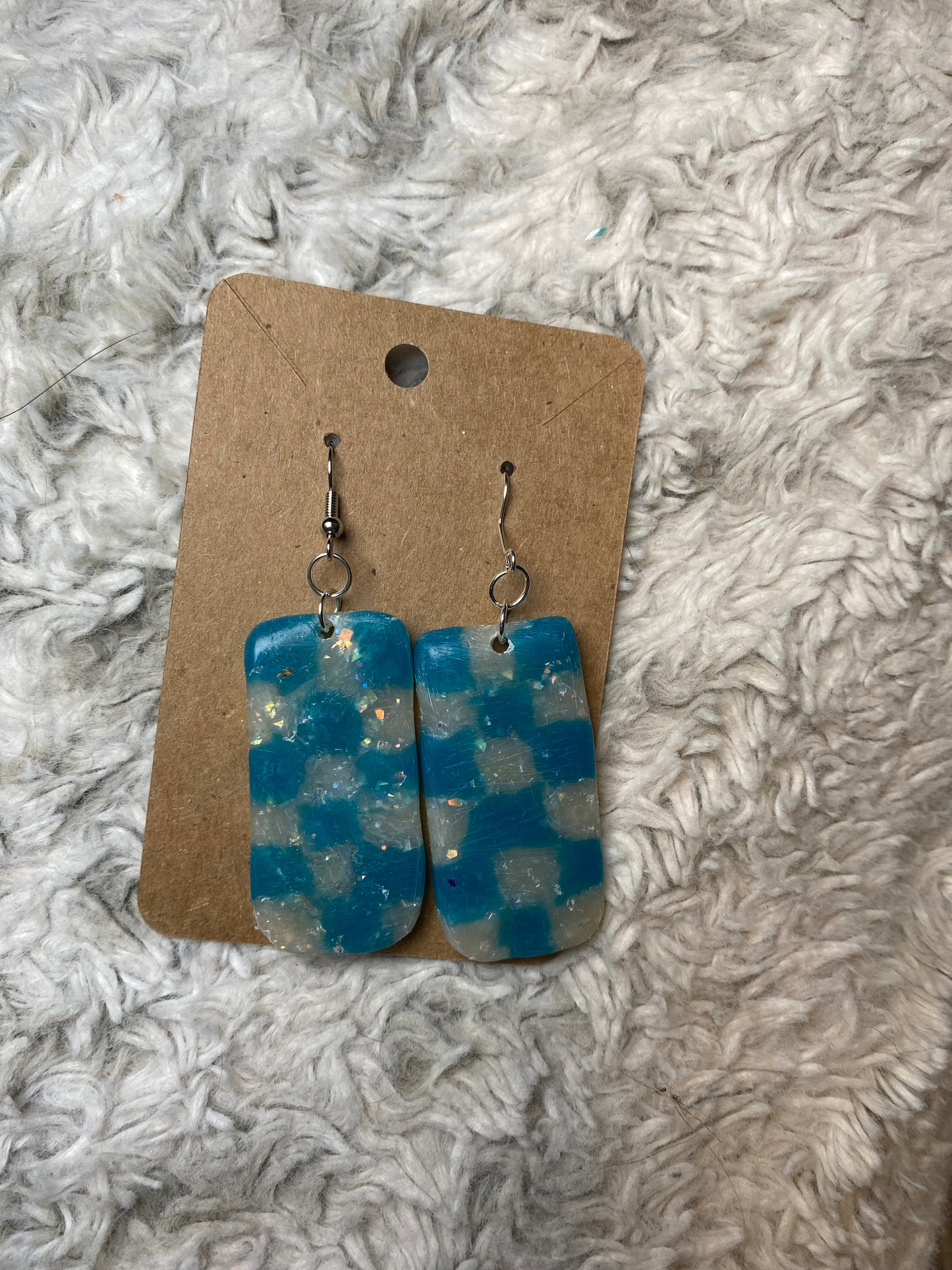 Checkered White Blue Sparkle Rectangle Dangling Earrings