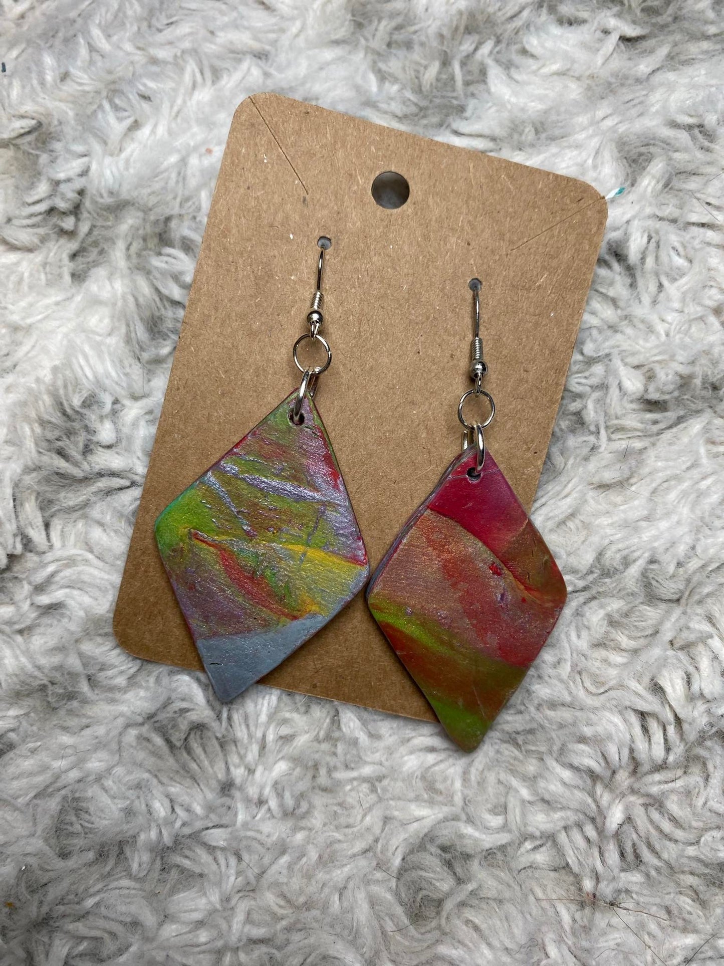 Red, Green, Yellow, and Grey Diamond Shaped Dangling Earrings