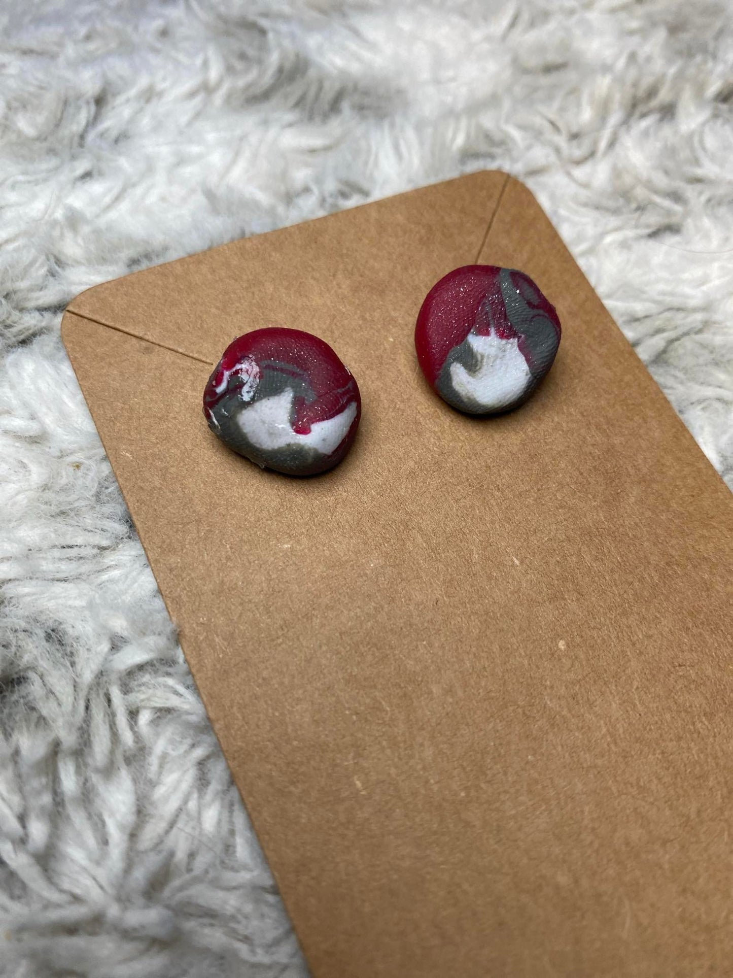 Red, Dark Green and White Circle Shaped Stud Earrings