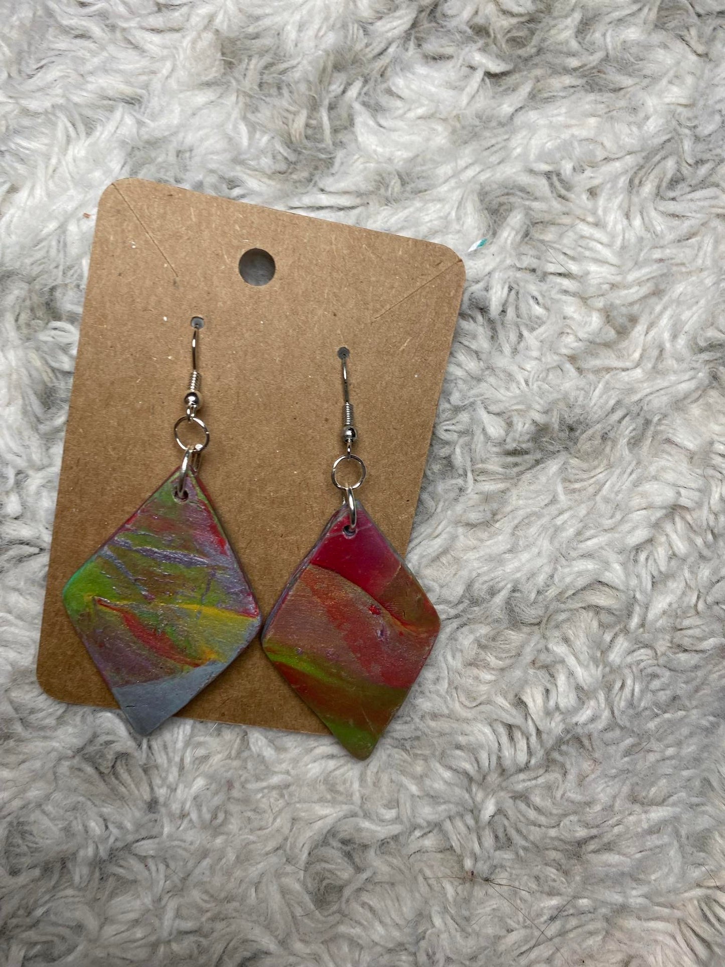 Red, Green, Yellow, and Grey Diamond Shaped Dangling Earrings