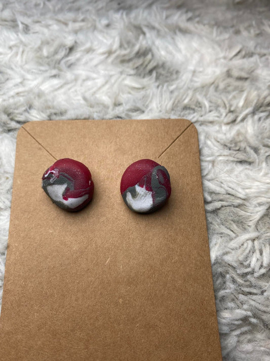 Red, Dark Green and White Circle Shaped Stud Earrings