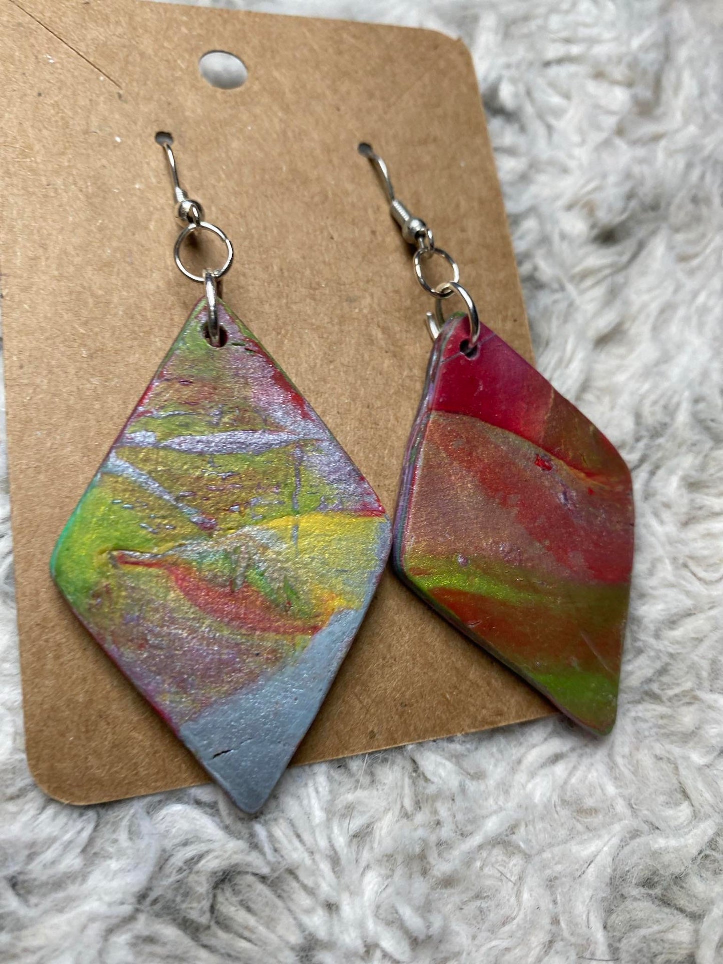 Red, Green, Yellow, and Grey Diamond Shaped Dangling Earrings