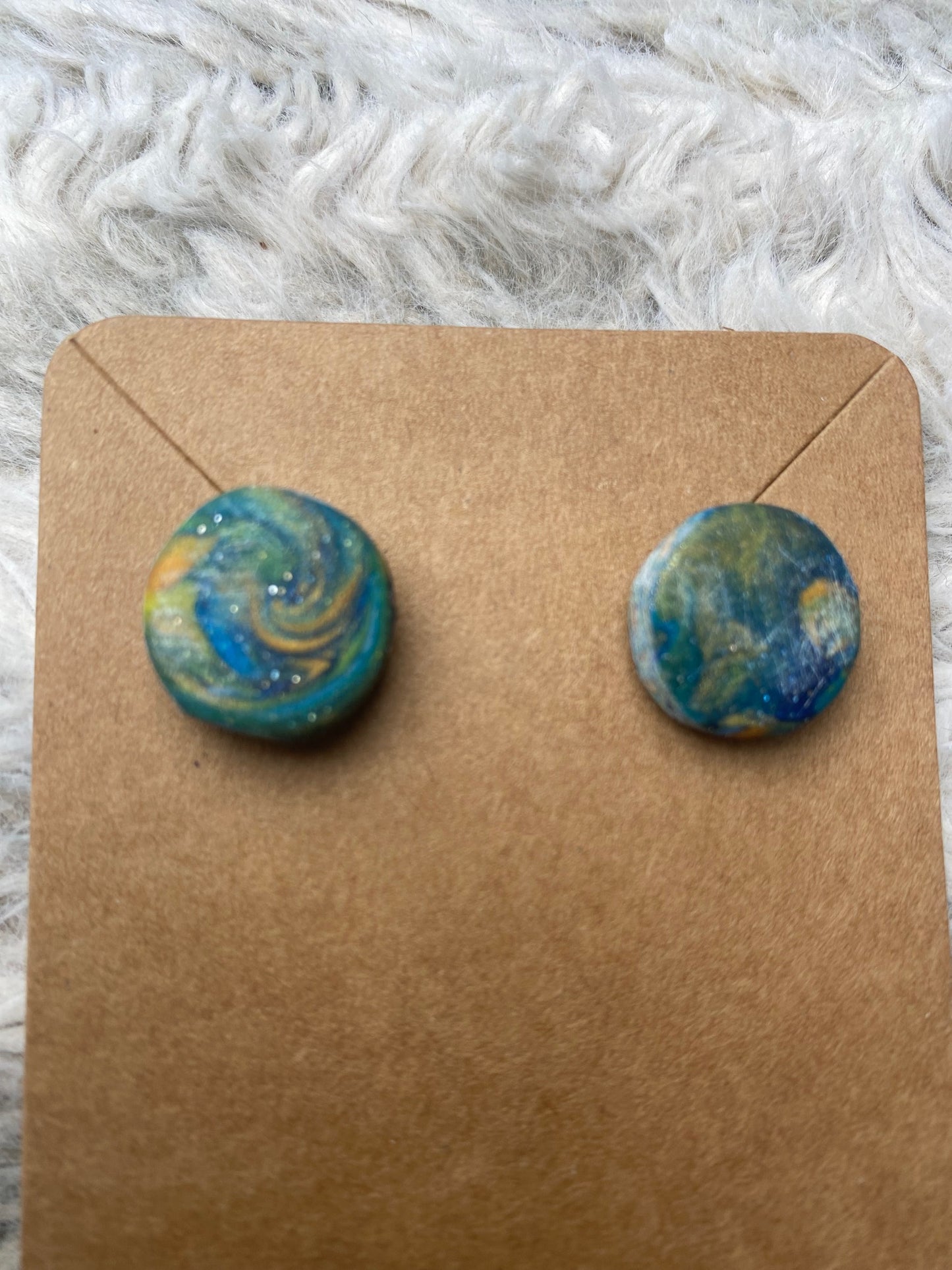 Bluish Green Circle Studs with Gold Swirls