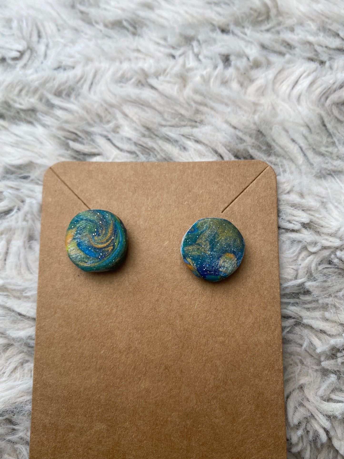 Bluish Green Circle Studs with Gold Swirls