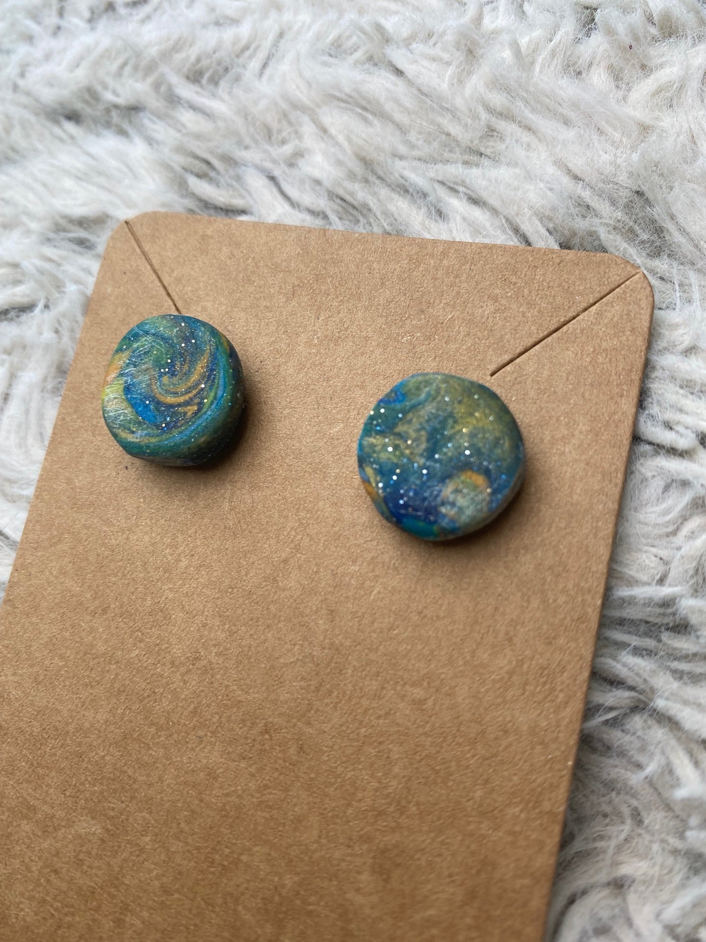 Bluish Green Circle Studs with Gold Swirls