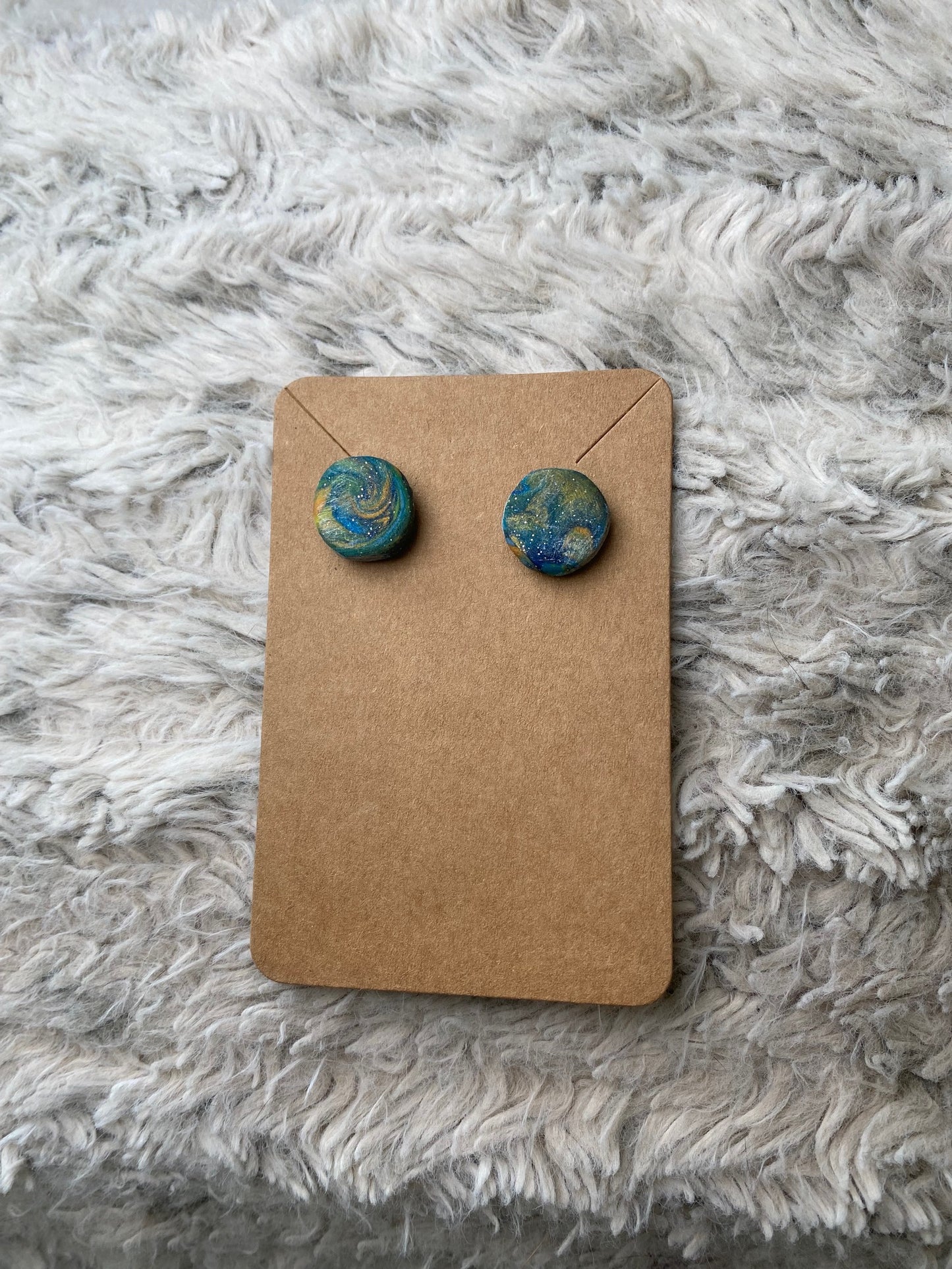 Bluish Green Circle Studs with Gold Swirls