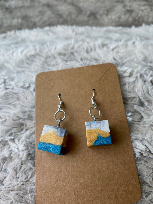 Teal, Gold, and White Square Block Dangling Earrings