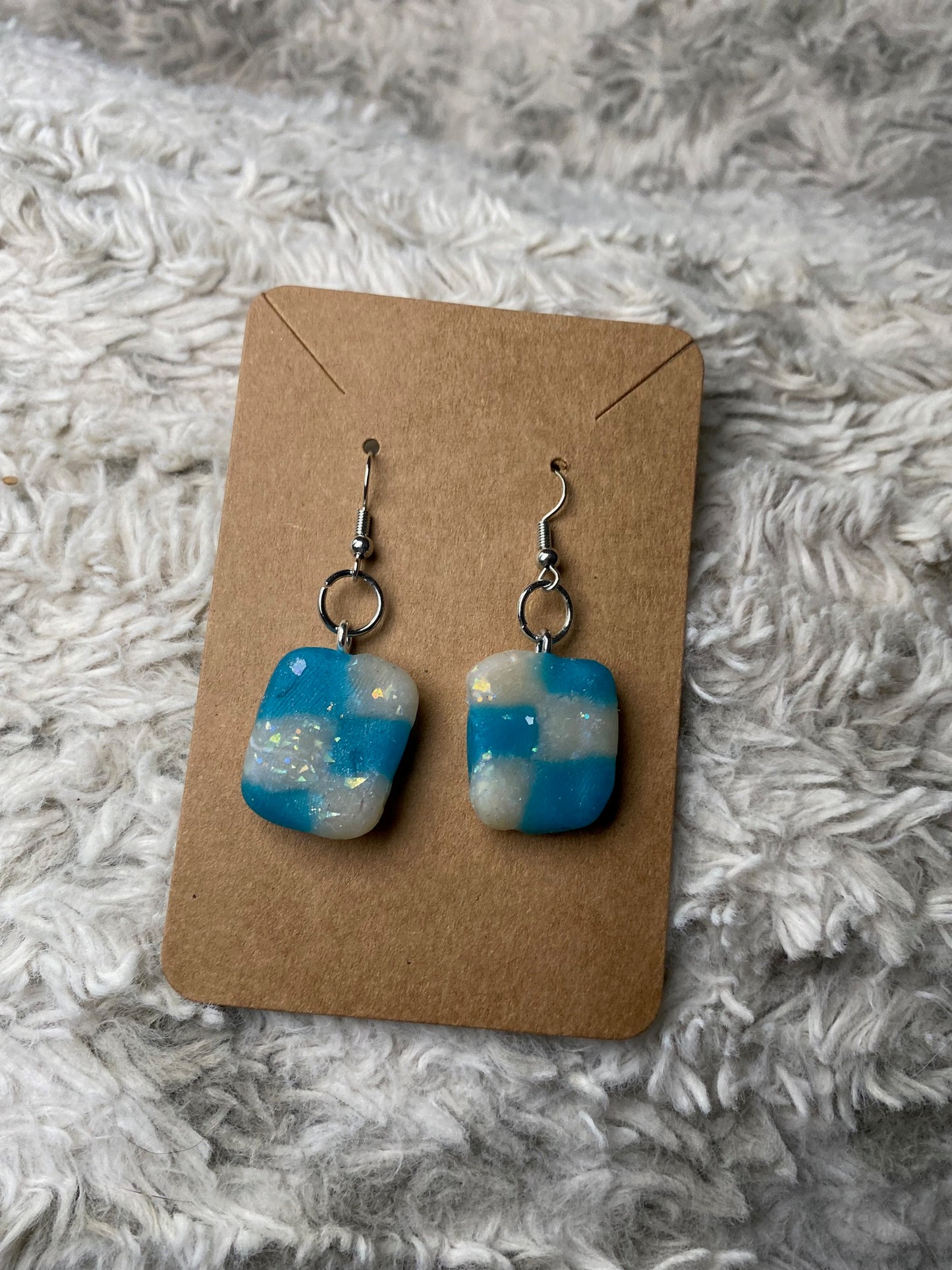 Blue and Ivory Dangling Square Checkered Pattern Earrings