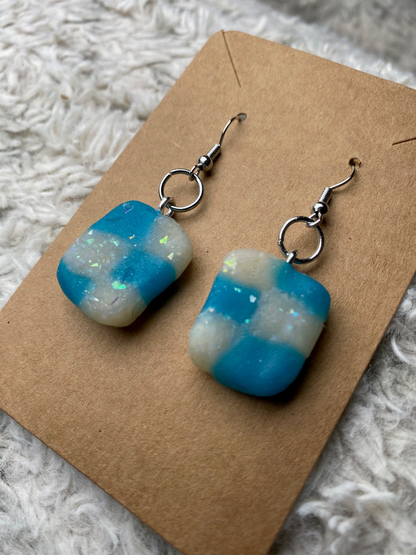 Blue and Ivory Dangling Square Checkered Pattern Earrings