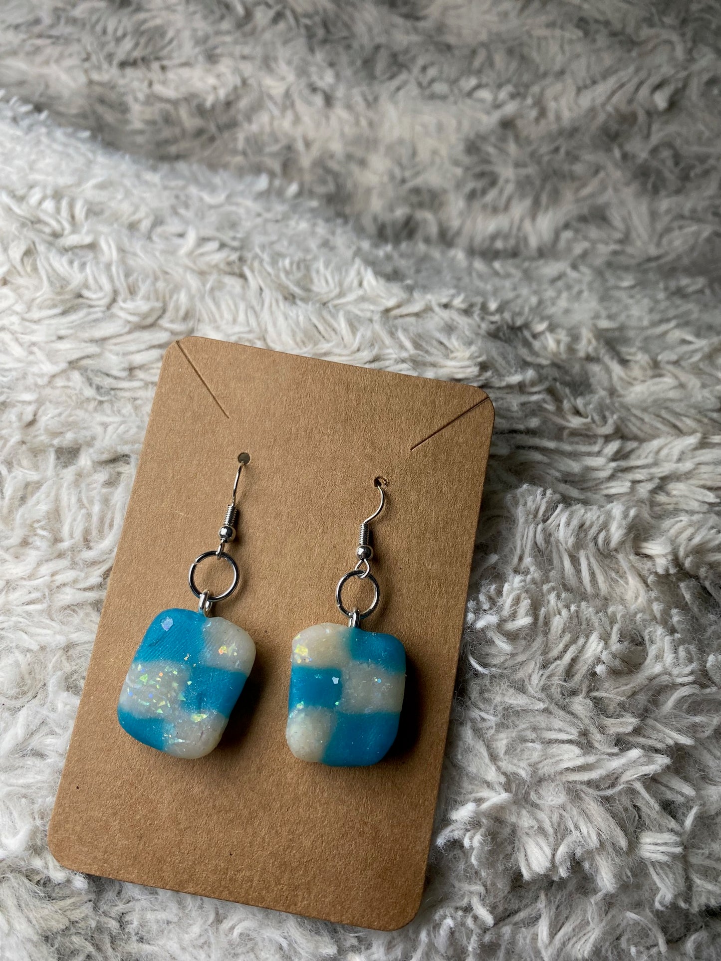 Blue and Ivory Dangling Square Checkered Pattern Earrings