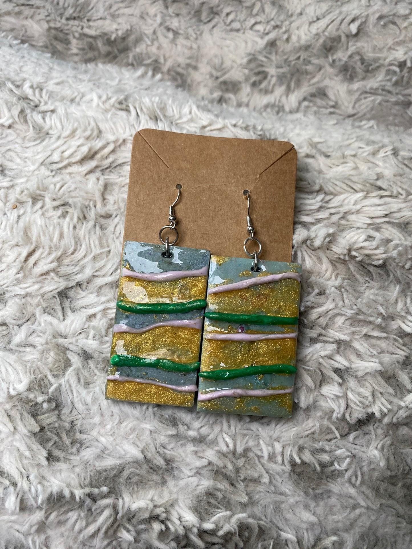 Gold, Green, White, Grey Rectangle Earrings