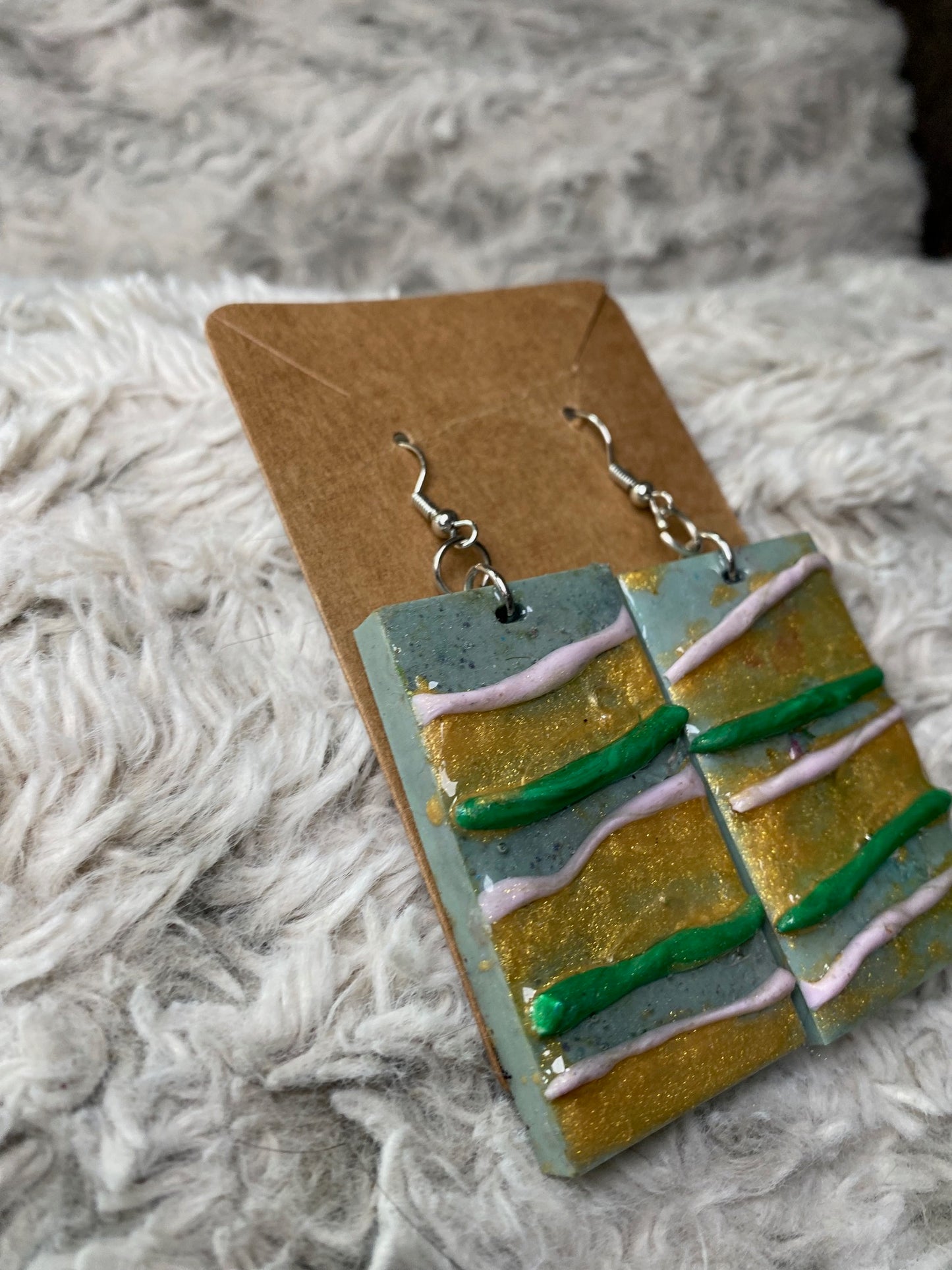 Gold, Green, White, Grey Rectangle Earrings