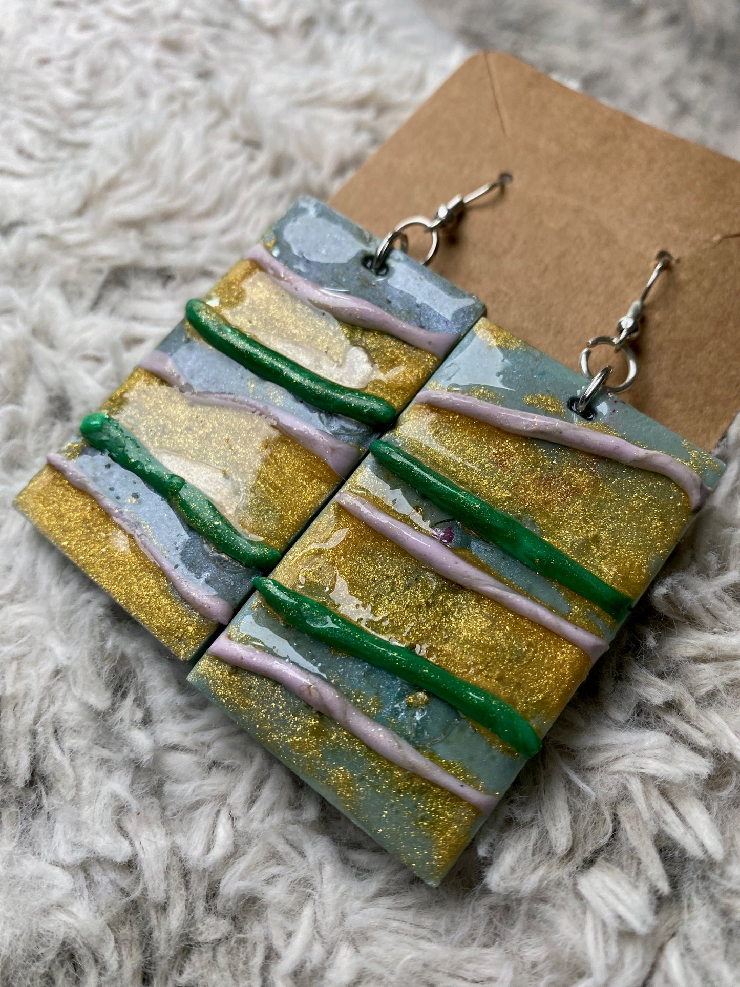 Gold, Green, White, Grey Rectangle Earrings