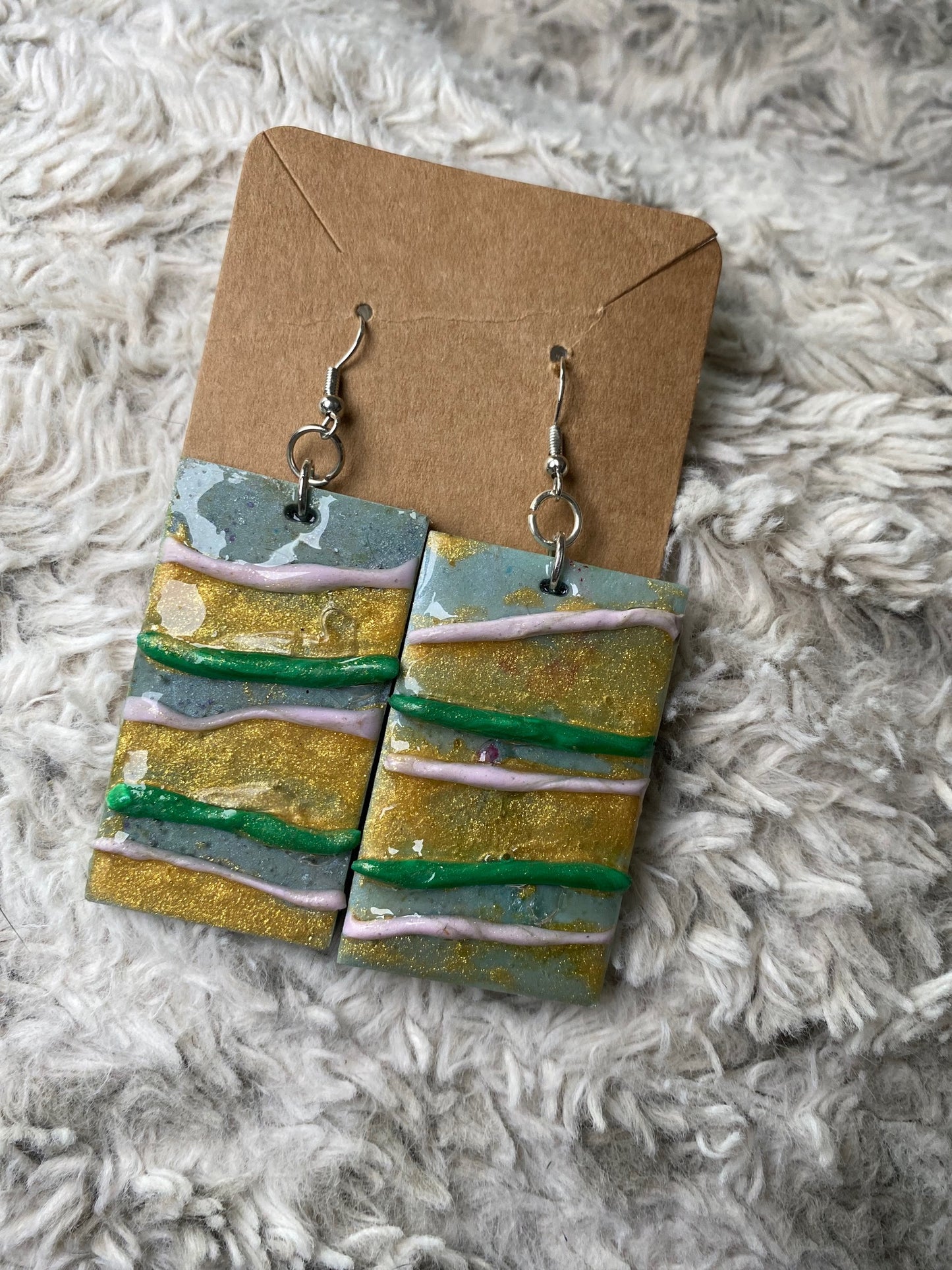 Gold, Green, White, Grey Rectangle Earrings