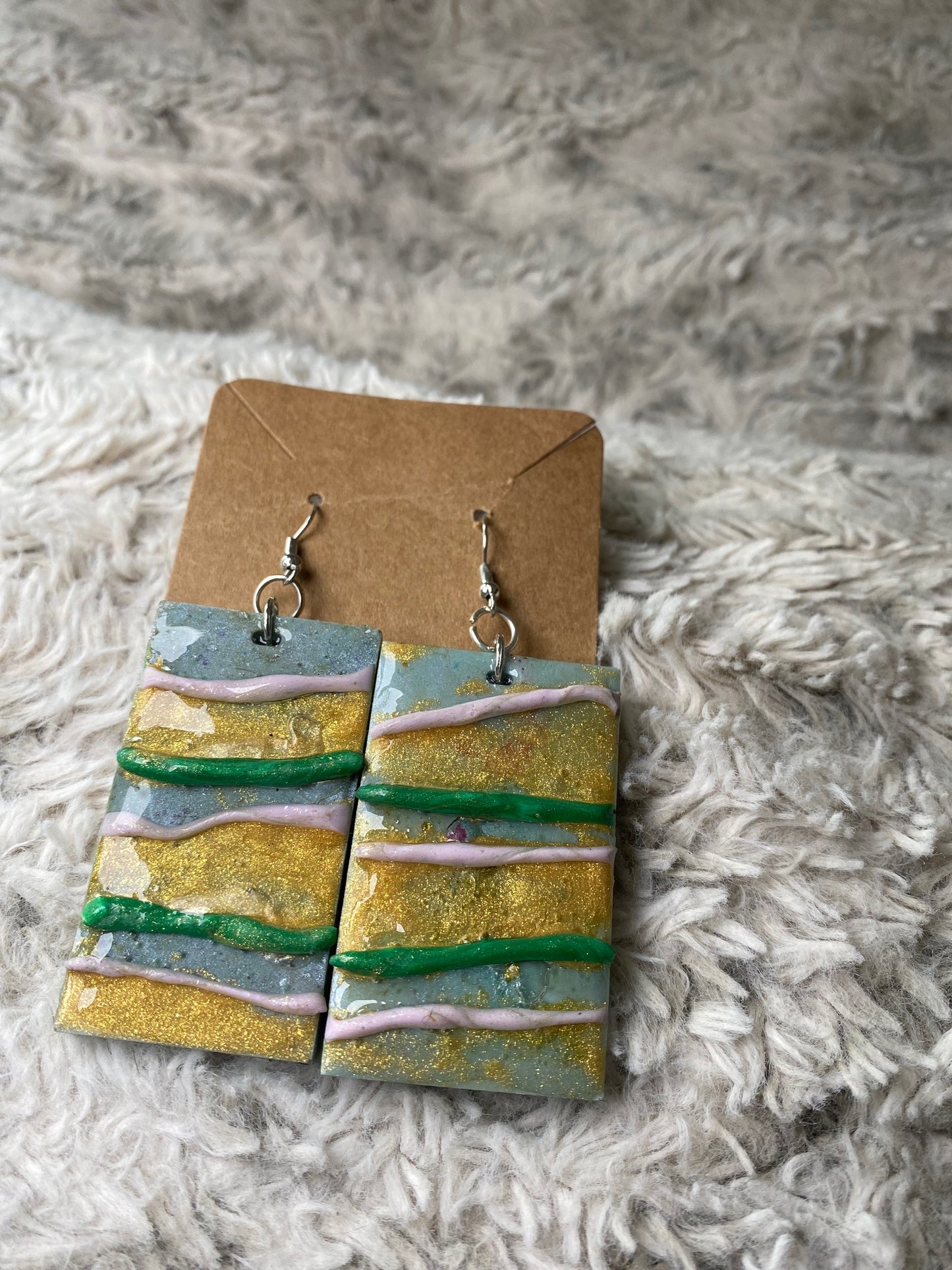 Gold, Green, White, Grey Rectangle Earrings