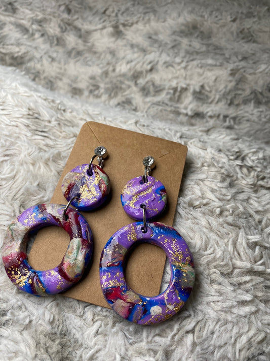 Dangling Purple and Gold Circle Earrings