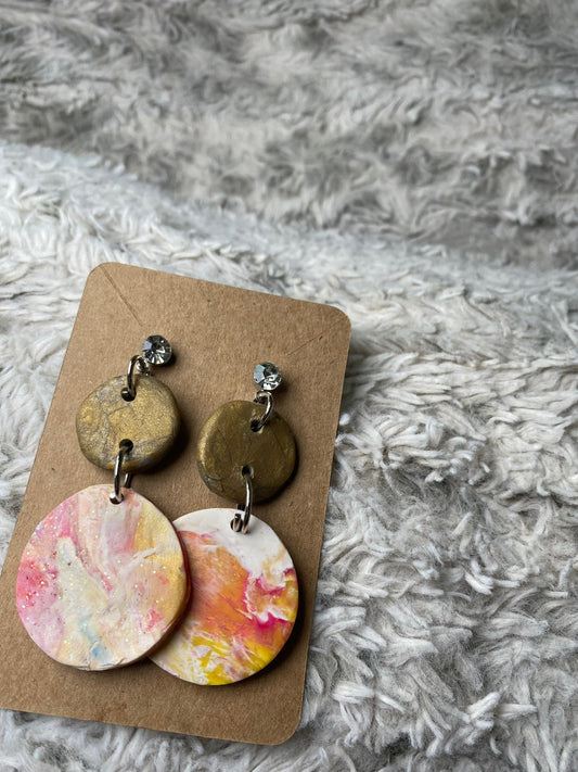 Gold, Yellow, Peach, and White Circle Dangling Earrings