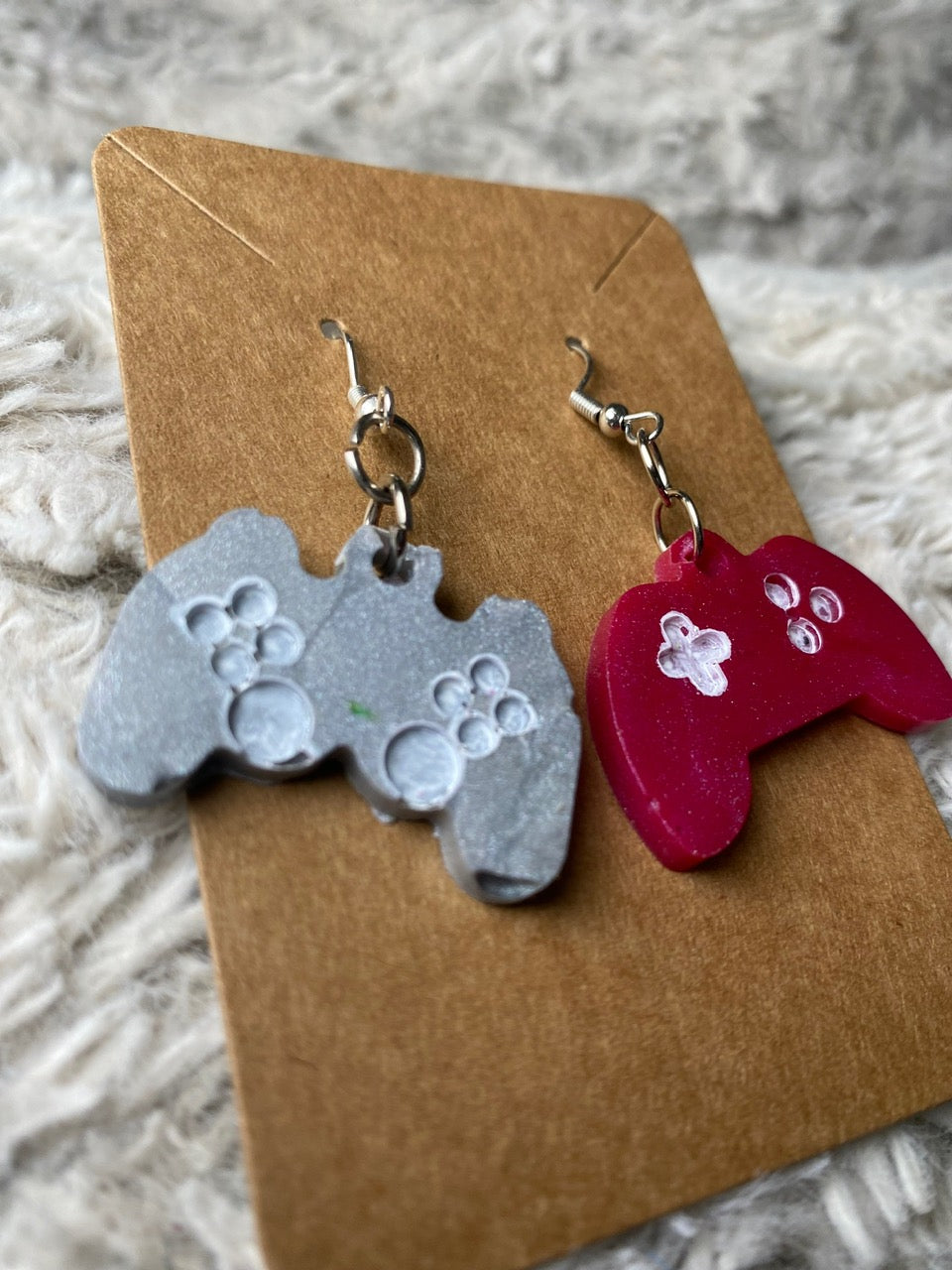 Grey and Red Game Controller Dangling Earrings