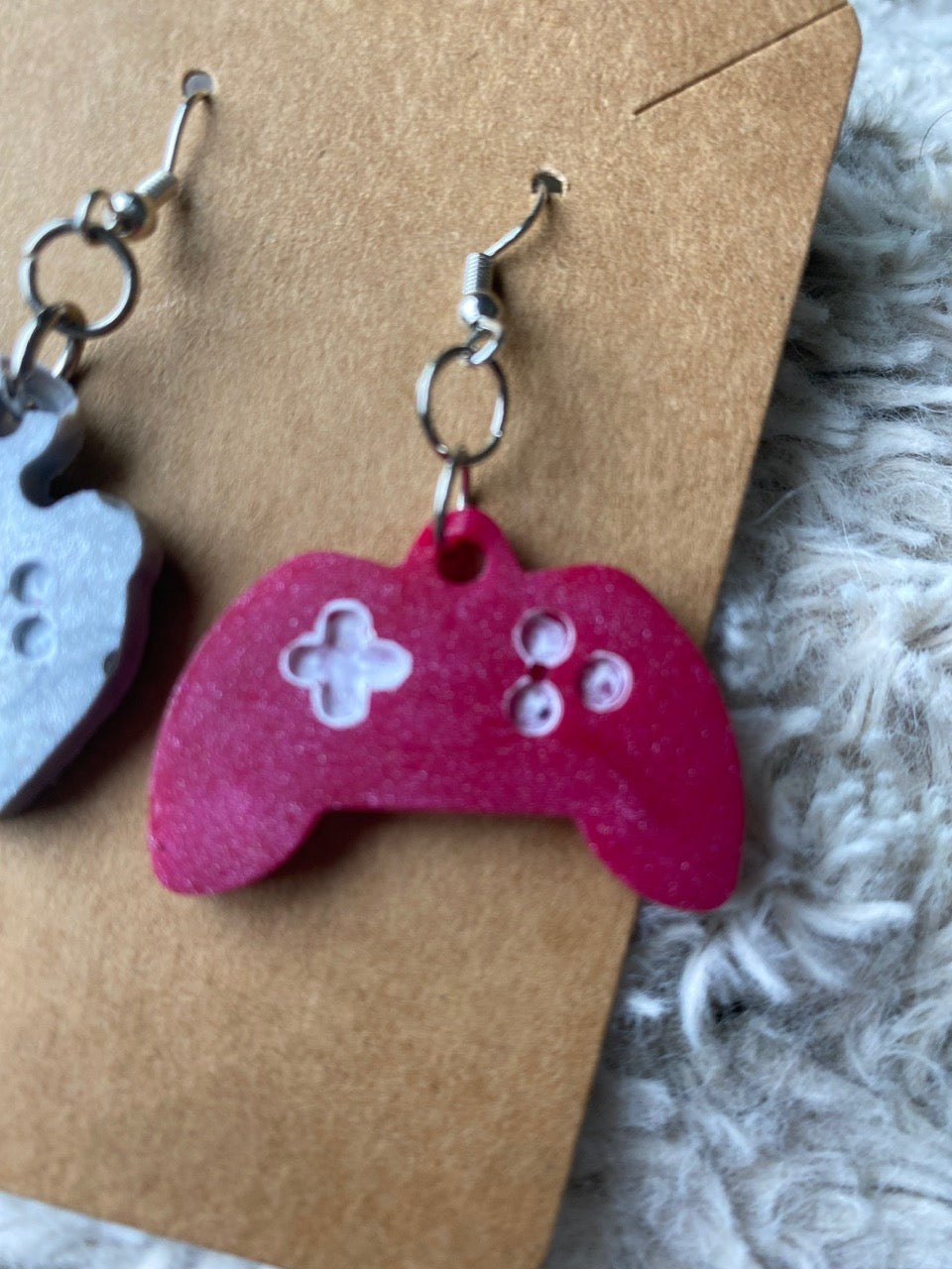 Grey and Red Game Controller Dangling Earrings