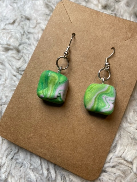 Green White and Yellow Tye-Dye Square Dangling Earrings