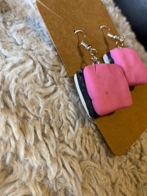 Square Pink White and Black Licorice All Sorts Dangling Earrings