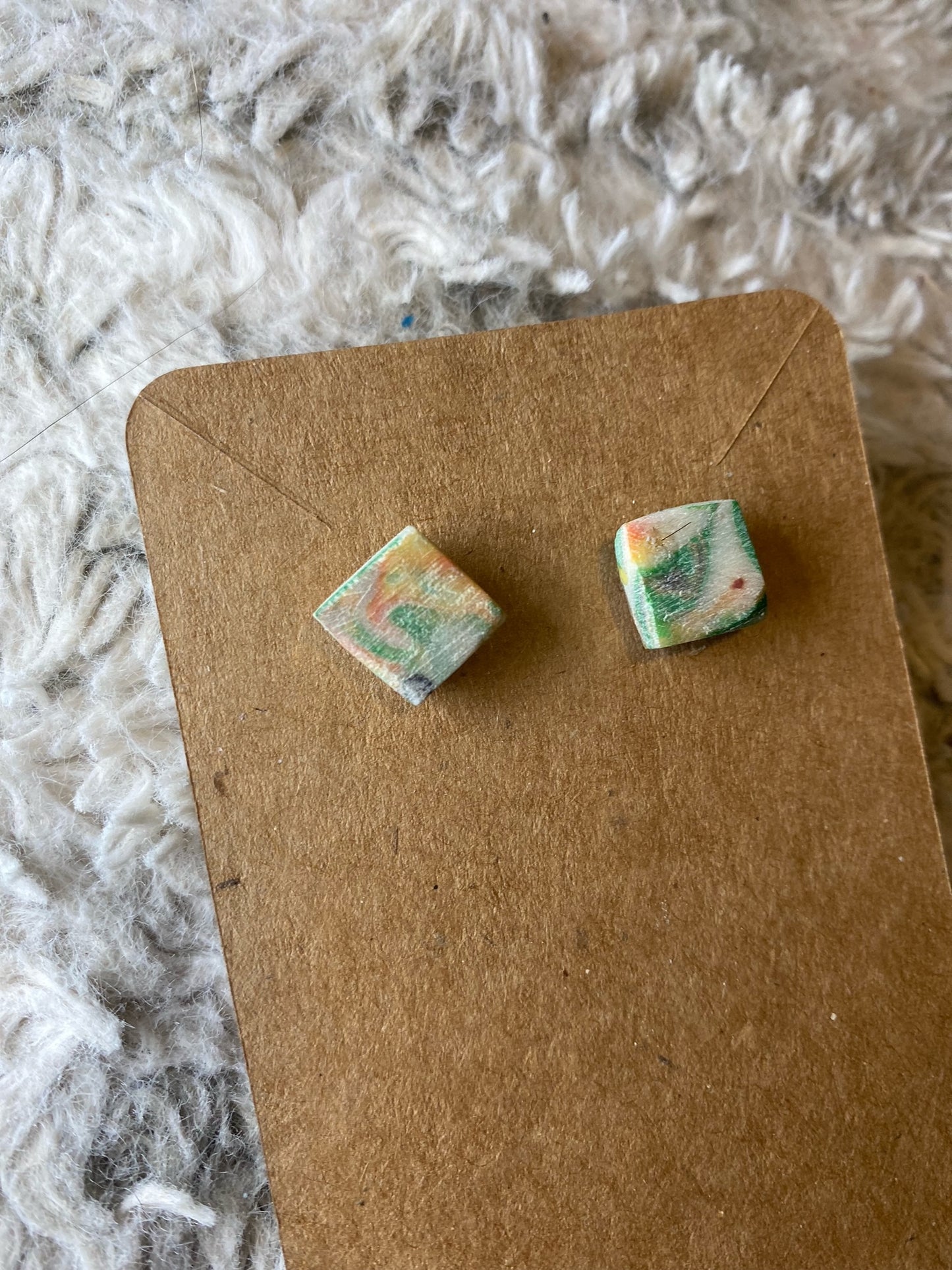 White, orange, green, yellow square stud earrings