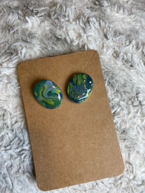 Green, Blue, Yellow Grey Swirls Oval Shaped Stud Earrings