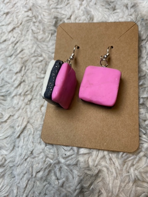 Square Pink White and Black Licorice All Sorts Dangling Earrings