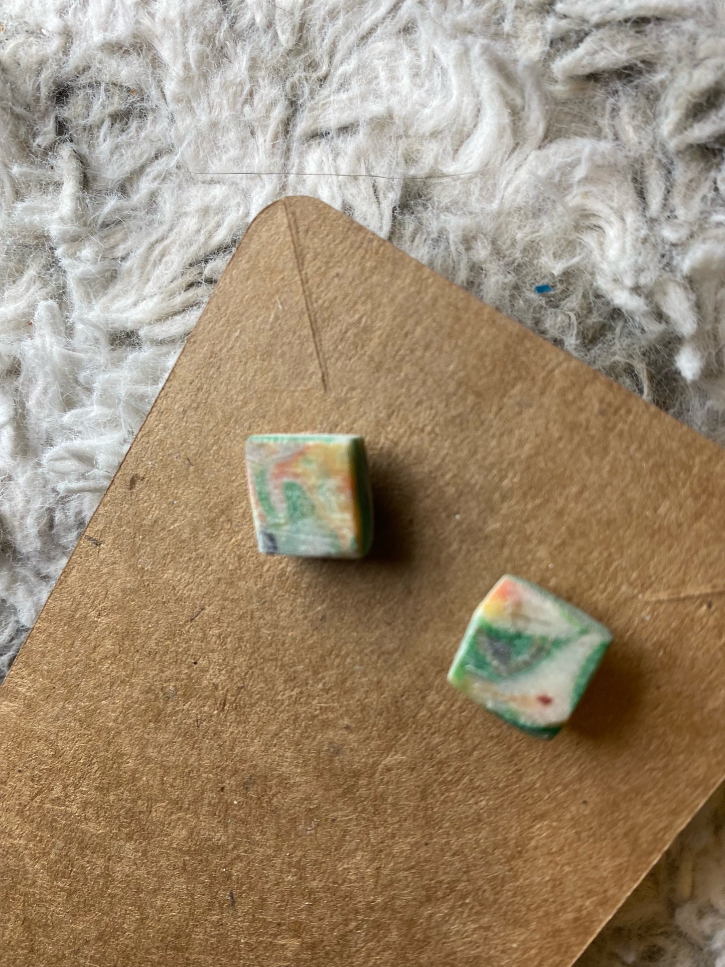 White, orange, green, yellow square stud earrings