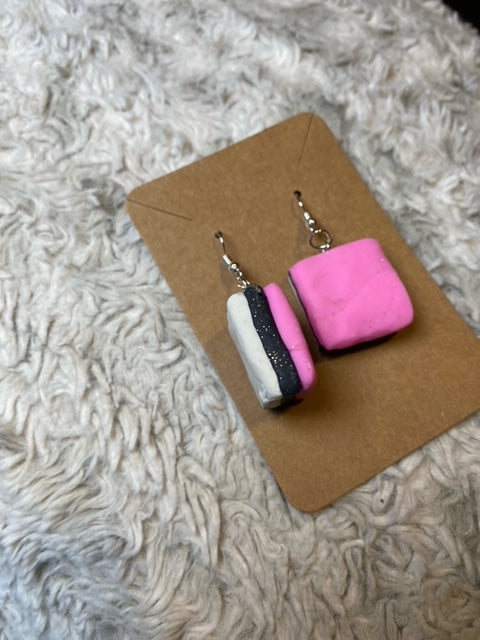 Square Pink White and Black Licorice All Sorts Dangling Earrings