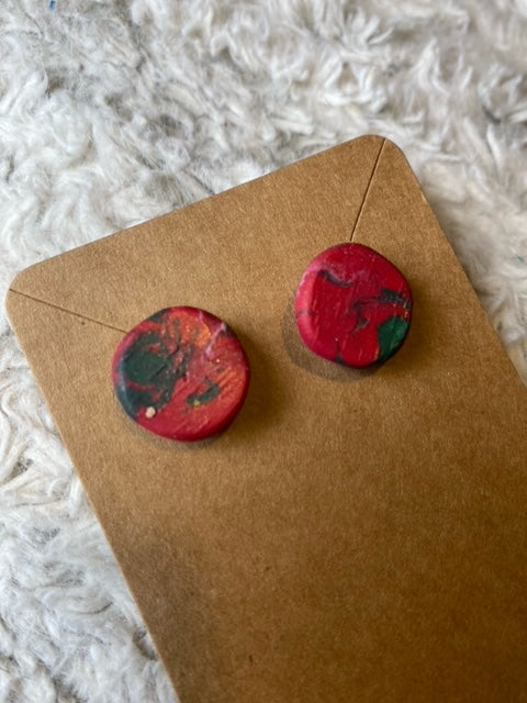 Red, Pink and Teal Circle Polymer Clay Stud Earrings