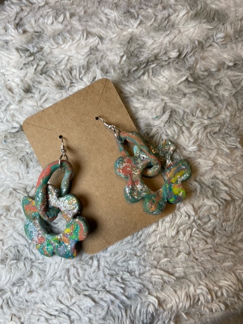 Dangling Multi Color Flower and Oval Earrings