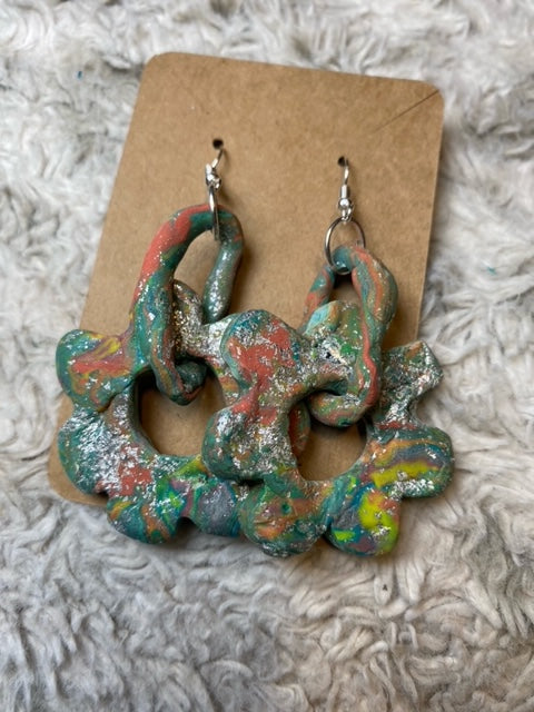 Dangling Multi Color Flower and Oval Earrings