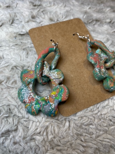 Dangling Multi Color Flower and Oval Earrings