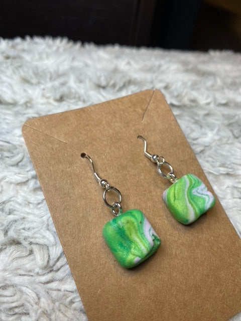 Green White and Yellow Tye-Dye Square Dangling Earrings