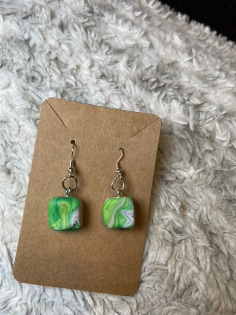 Green White and Yellow Tye-Dye Square Dangling Earrings