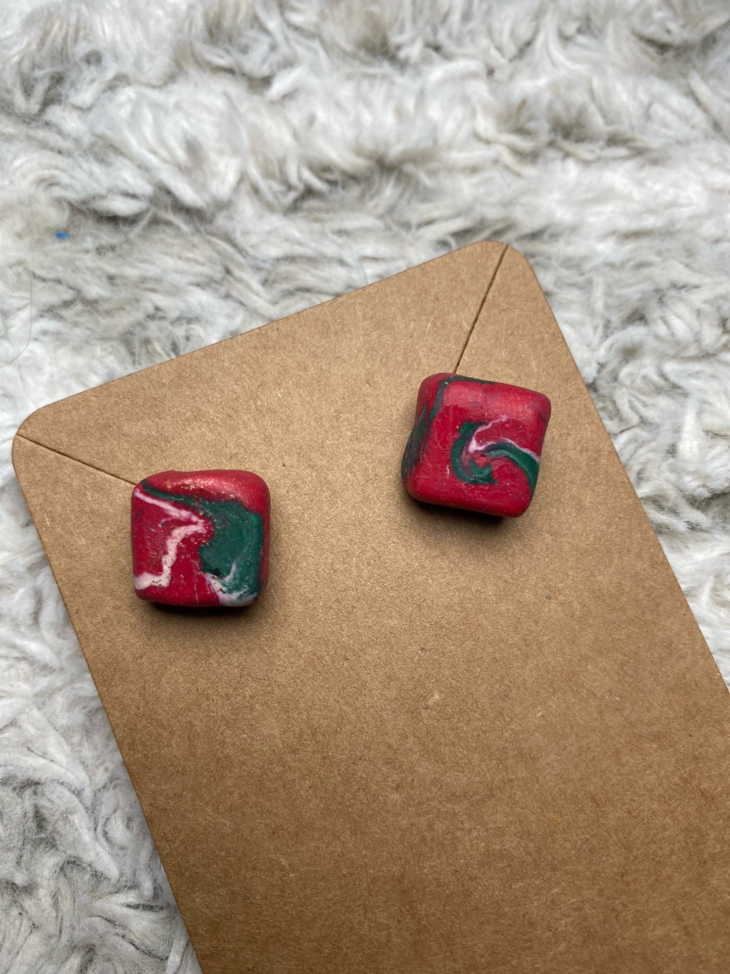 Red, Green and White Square Stud Earrings