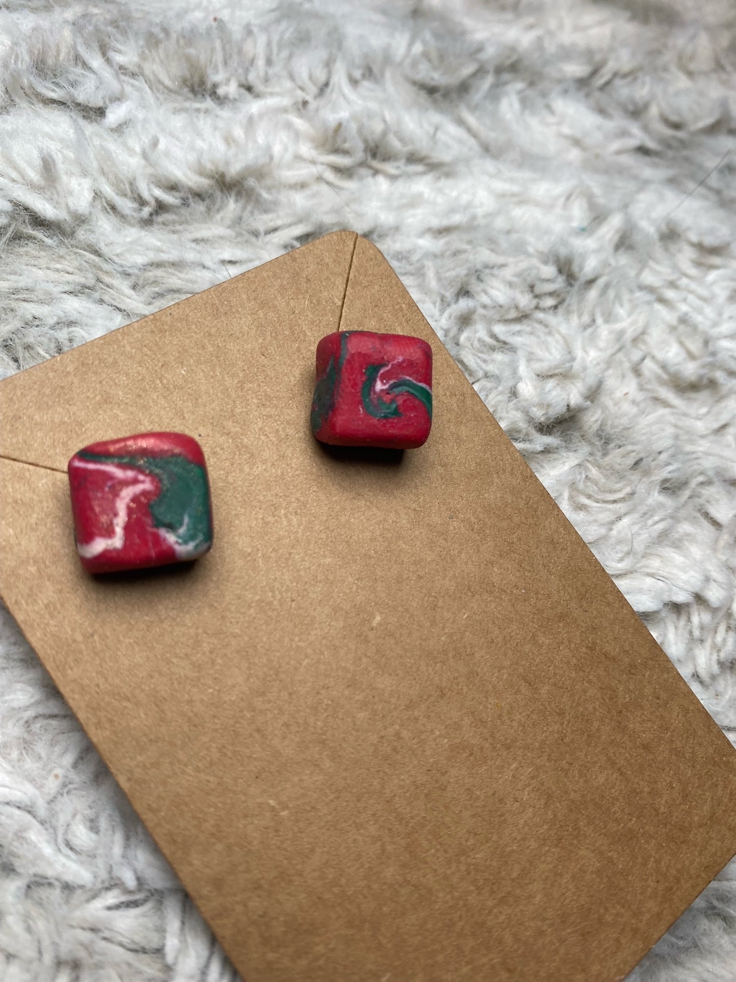 Red, Green and White Square Stud Earrings