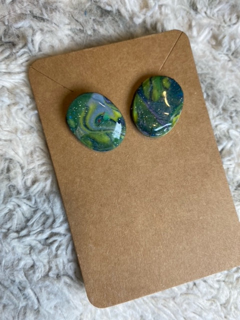 Green, Blue, Yellow Grey Swirls Oval Shaped Stud Earrings