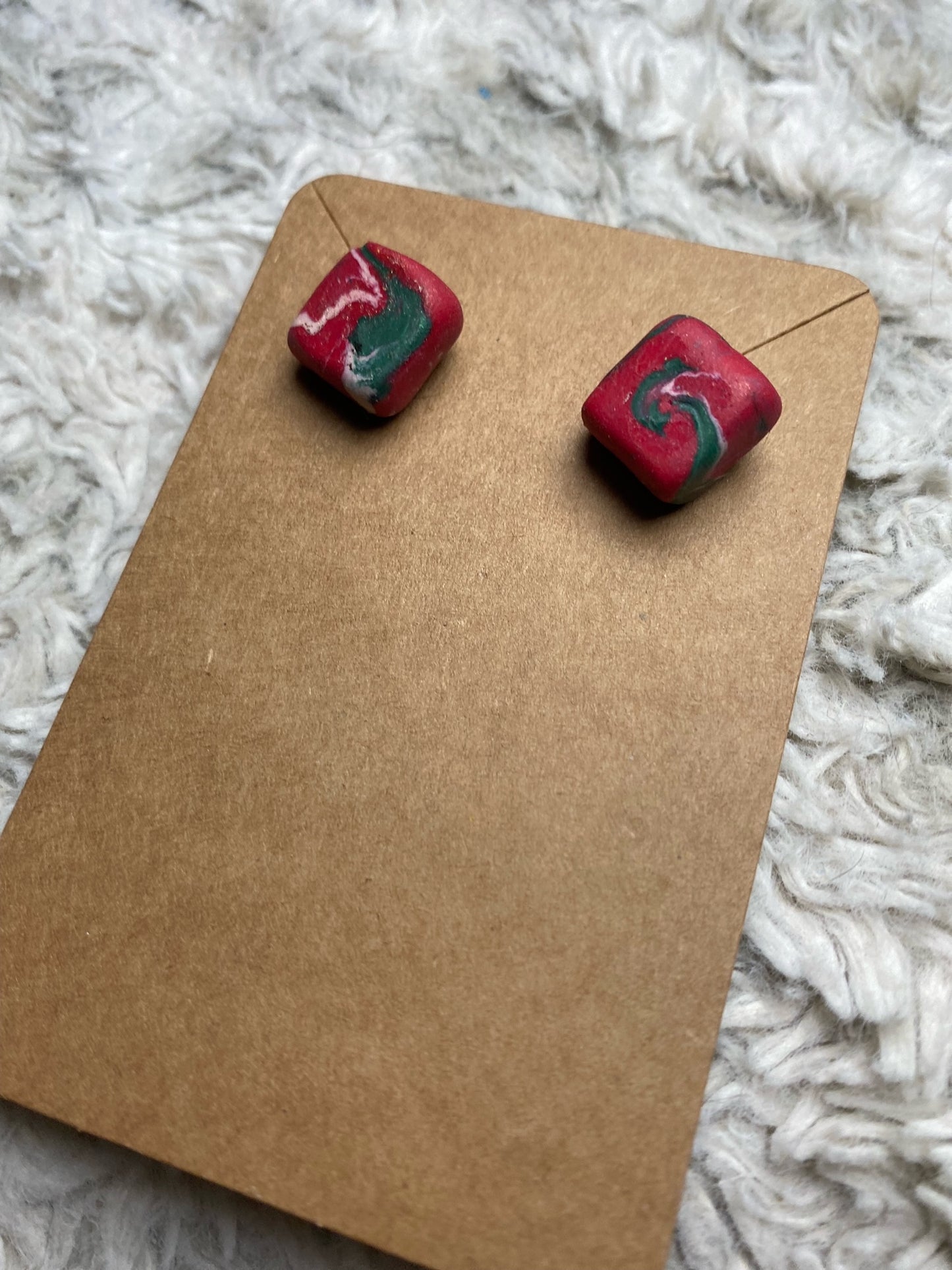 Red, Green and White Square Stud Earrings