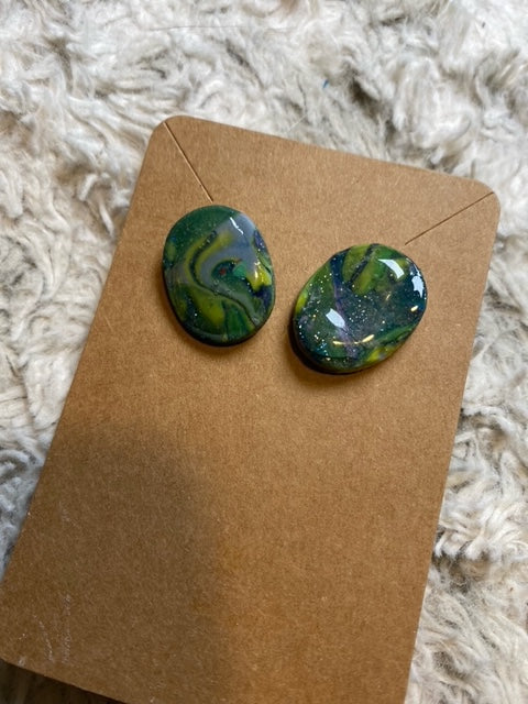 Green, Blue, Yellow Grey Swirls Oval Shaped Stud Earrings