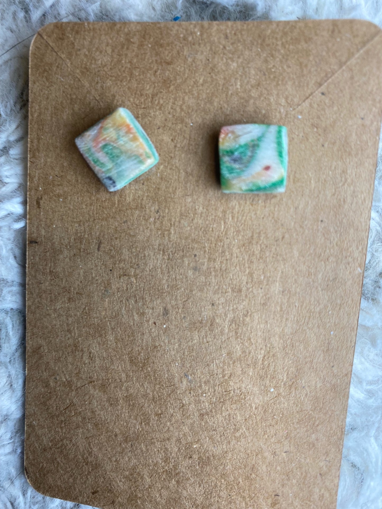 White, orange, green, yellow square stud earrings