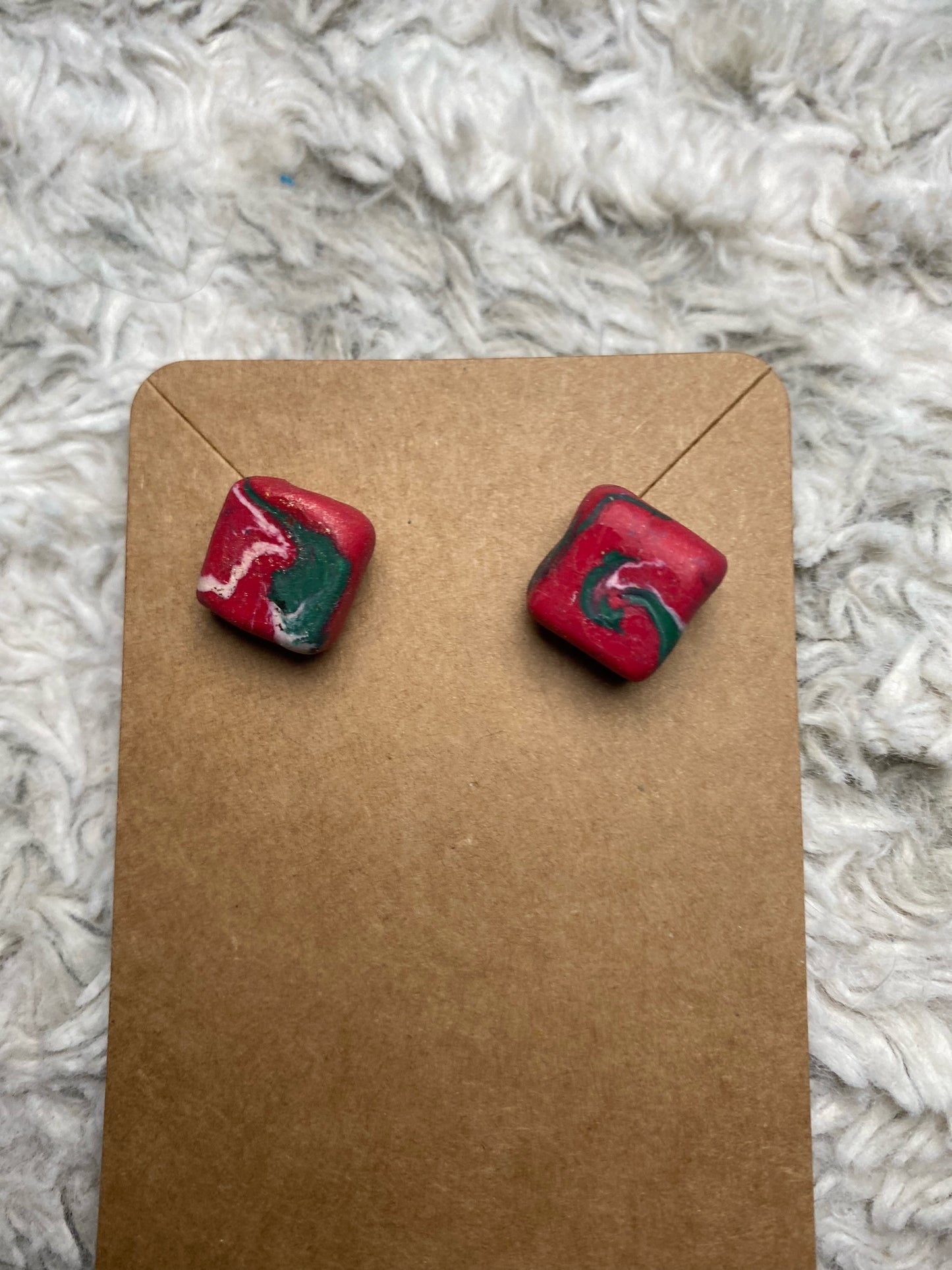 Red, Green and White Square Stud Earrings