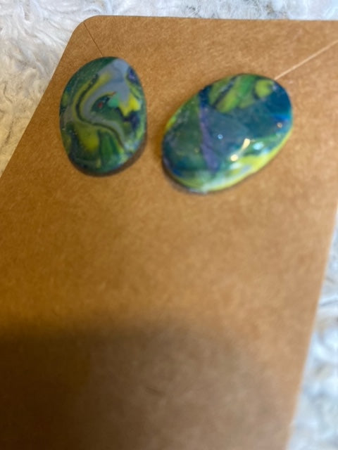 Green, Blue, Yellow Grey Swirls Oval Shaped Stud Earrings